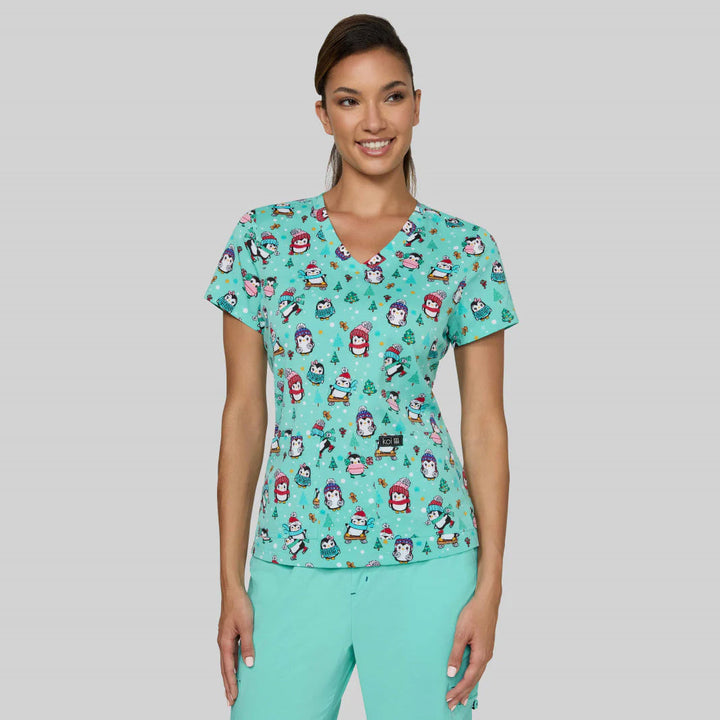 Koi Womens Printed Scrub Top - Christmas Penguins