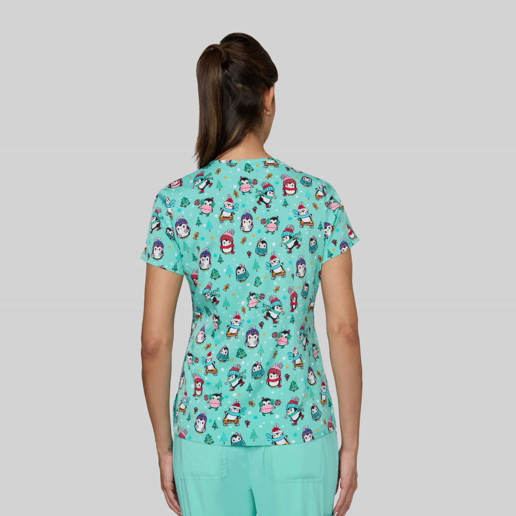 Koi Womens Printed Scrub Top - Christmas Penguins