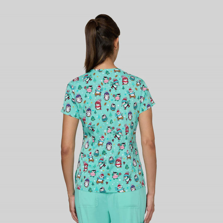 Koi Womens Printed Scrub Top - Christmas Penguins
