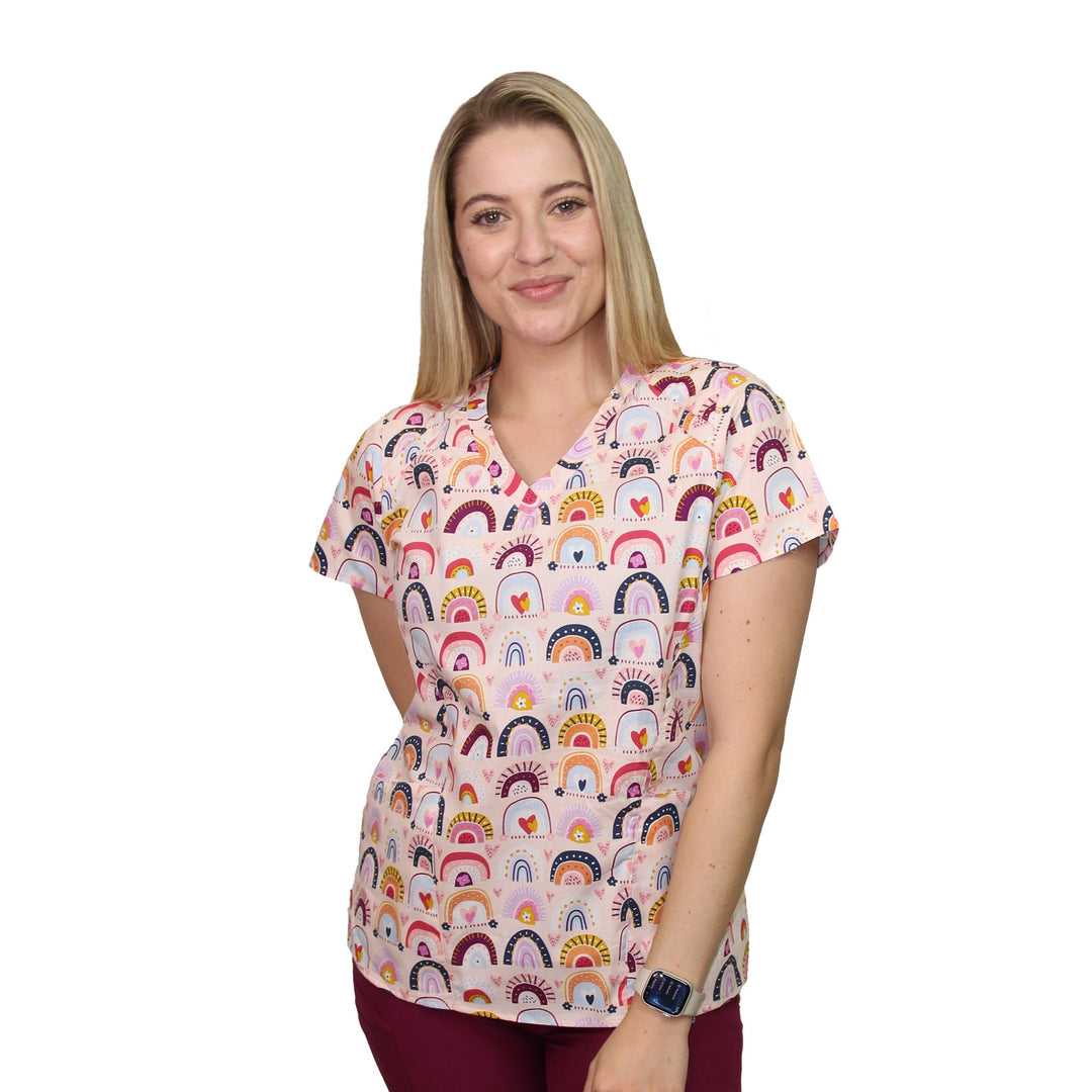 Womens Printed Scrub Top - Rainbow Magic