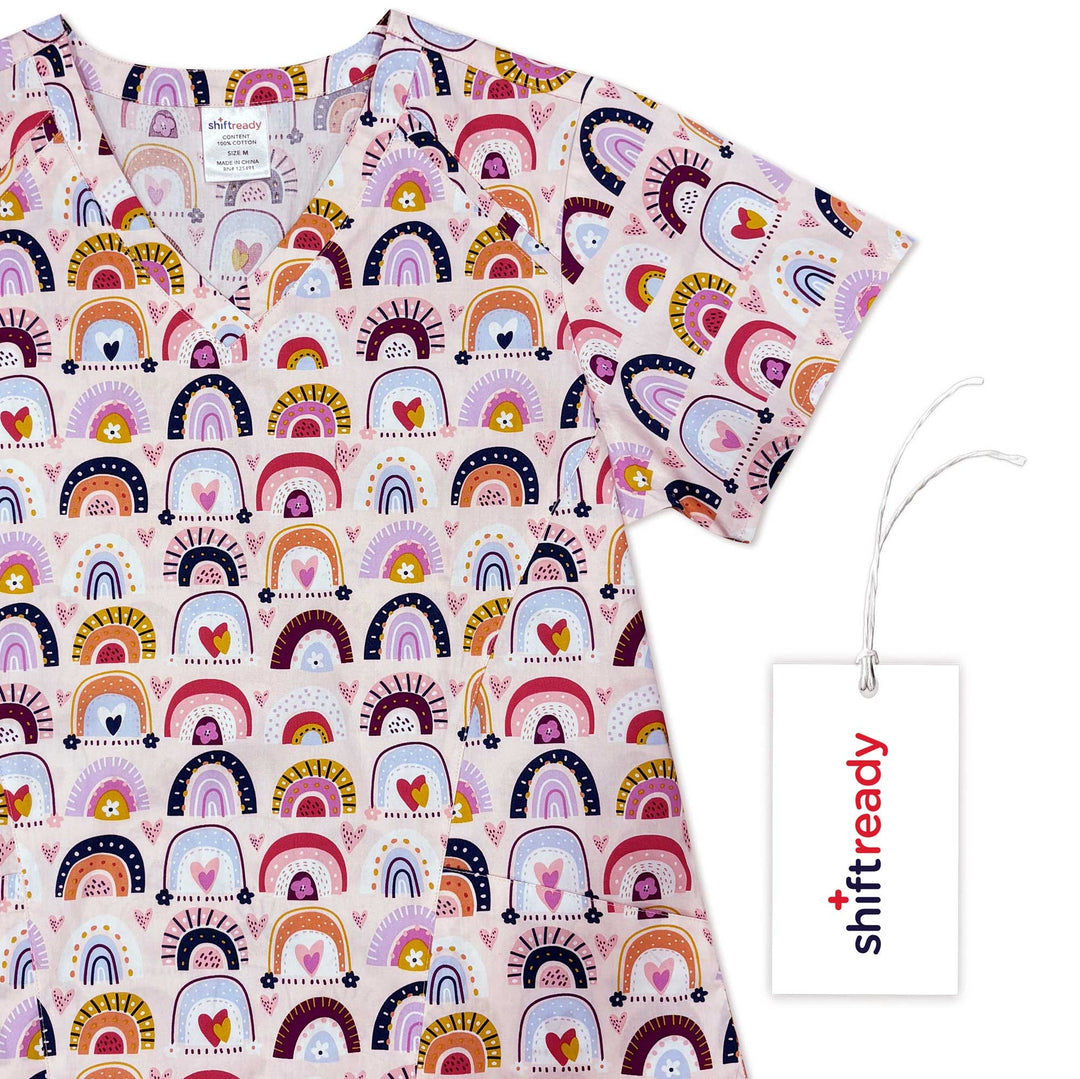 Womens Printed Scrub Top - Rainbow Magic