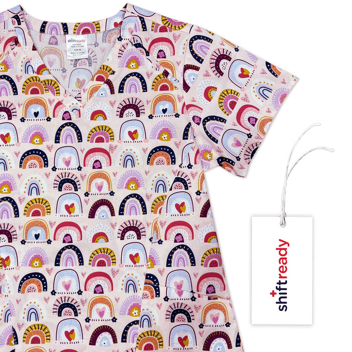 Womens Printed Scrub Top - Rainbow Magic