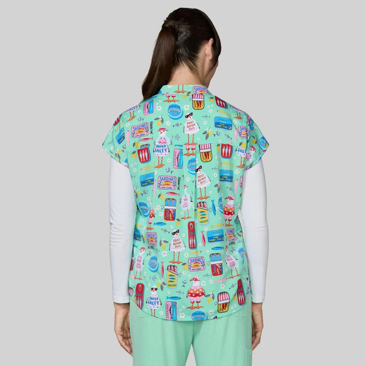 Koi Womens Printed Scrub Top - Sardine Tins