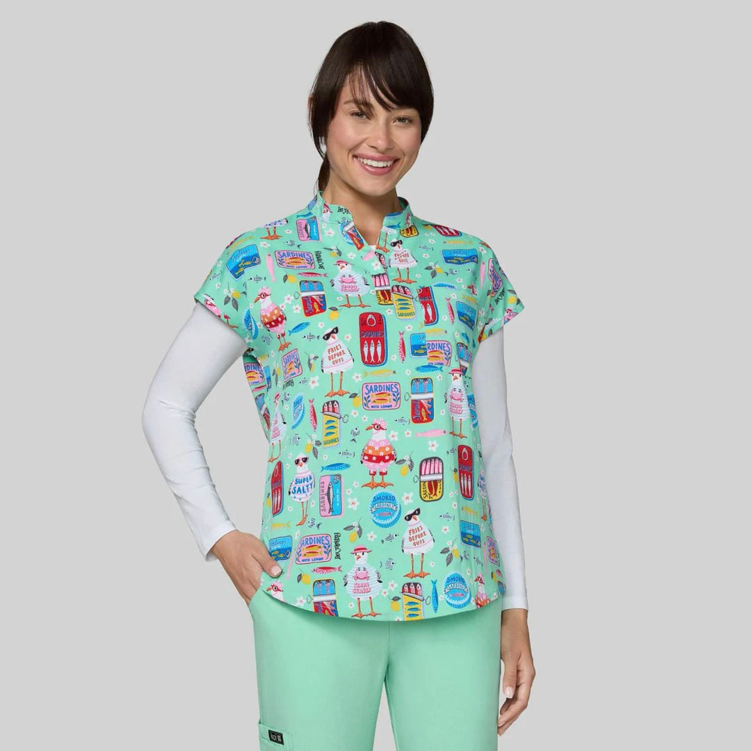 Koi Womens Printed Scrub Top - Sardine Tins