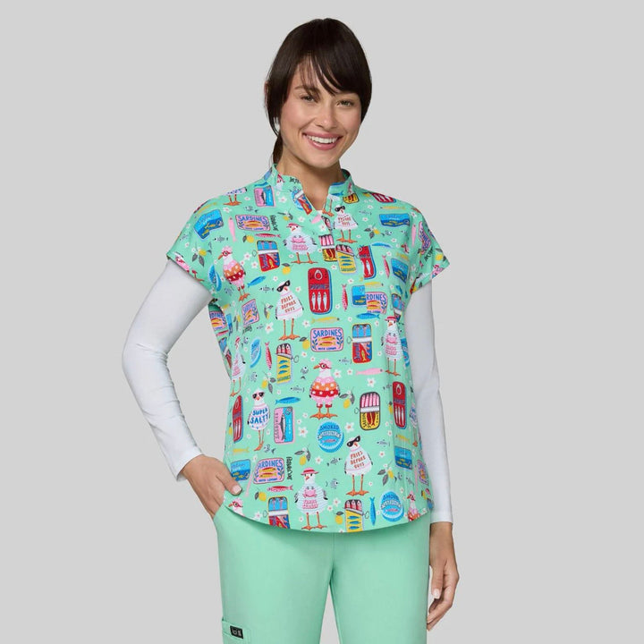 Koi Womens Printed Scrub Top - Sardine Tins