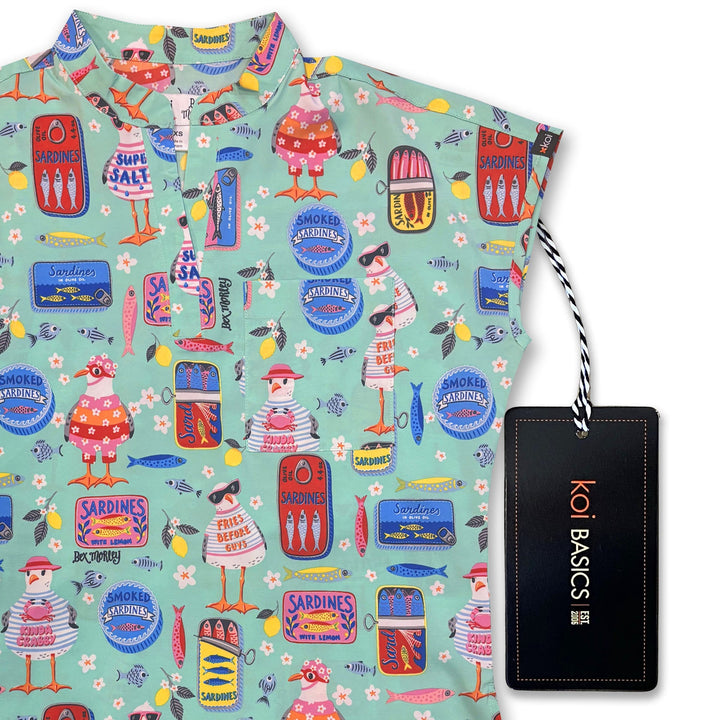 Koi Womens Printed Scrub Top - Sardine Tins