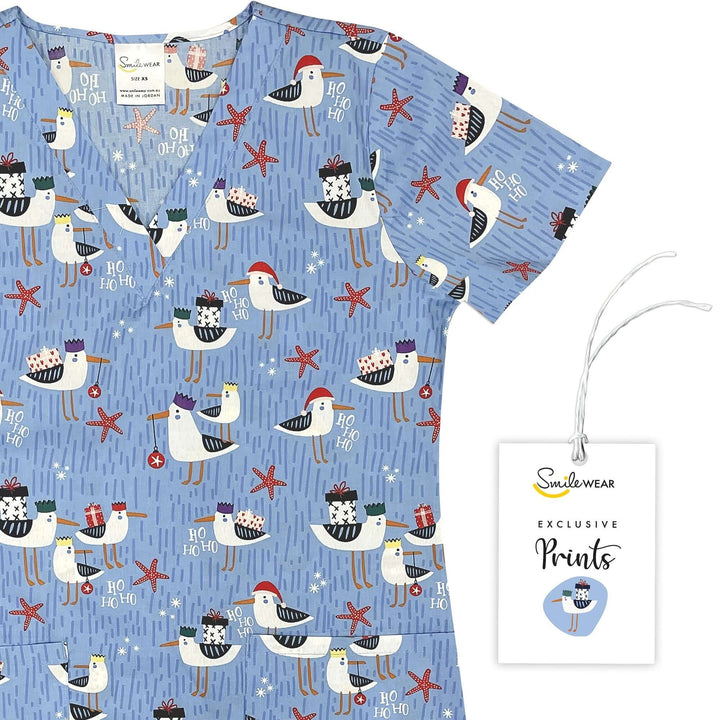 Womens Printed Scrub Top - Christmas Seagull