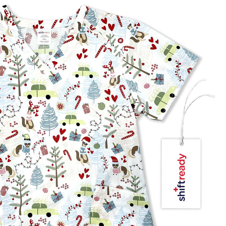 Womens Printed Scrub Top - Merry Meercat