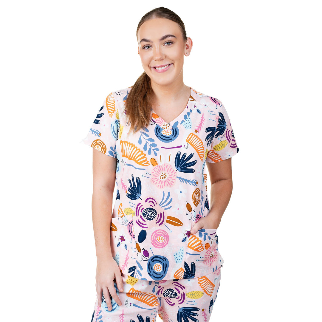 Womens Shift Ready Pink Hummingbird Printed Scrub Top