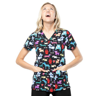 Womens Printed Scrub Top - Puppy Play