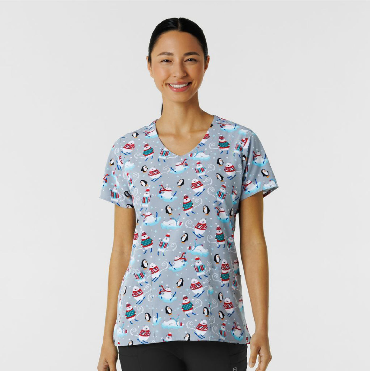 Womens Printed Scrub Top - Tis the Ski-son