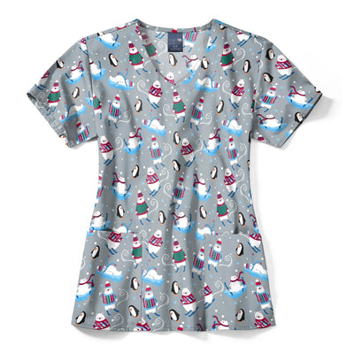 Womens Printed Scrub Top - Tis the Ski-son