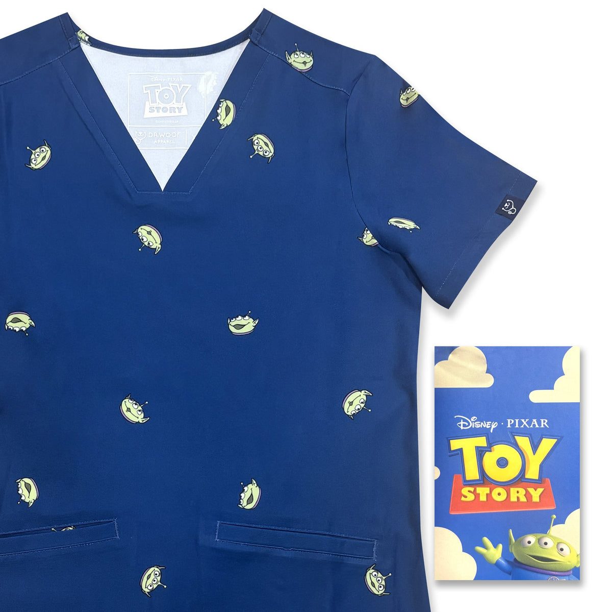 Womens Dr Woof Disney &amp; Pixar’s Toy Story Little Green Men Scrub Top