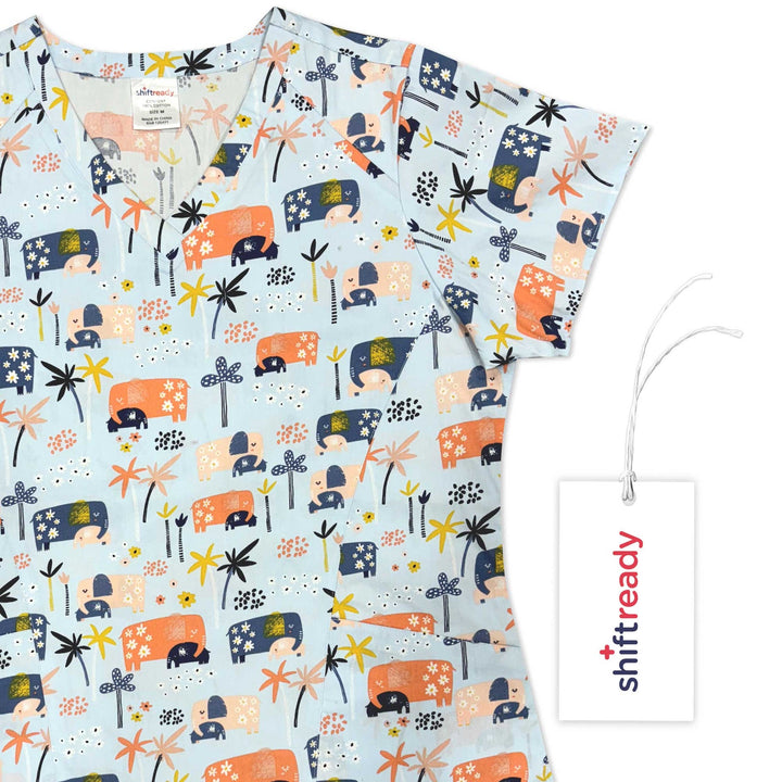 Womens Printed Scrub Top - Tropical Elephants