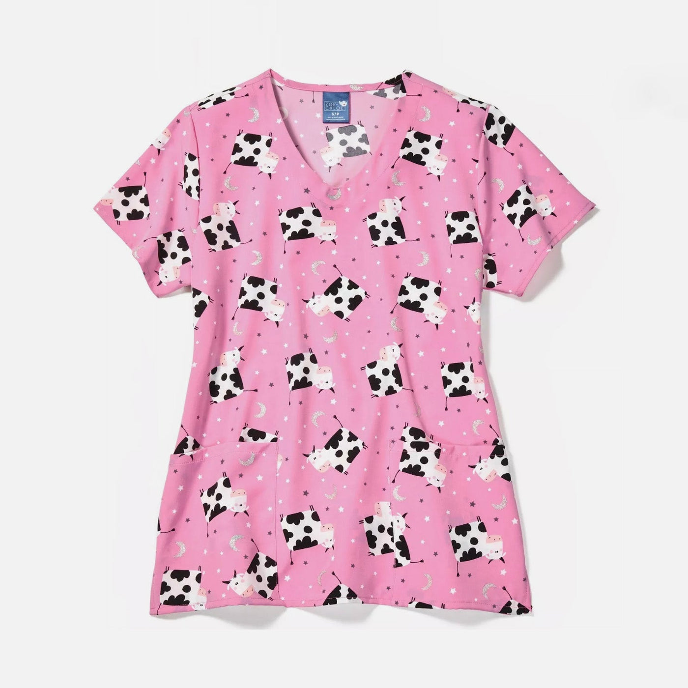 Womens Printed Scrub Top - Moon Moo