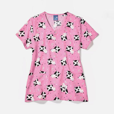 Womens Printed Scrub Top - Moon Moo