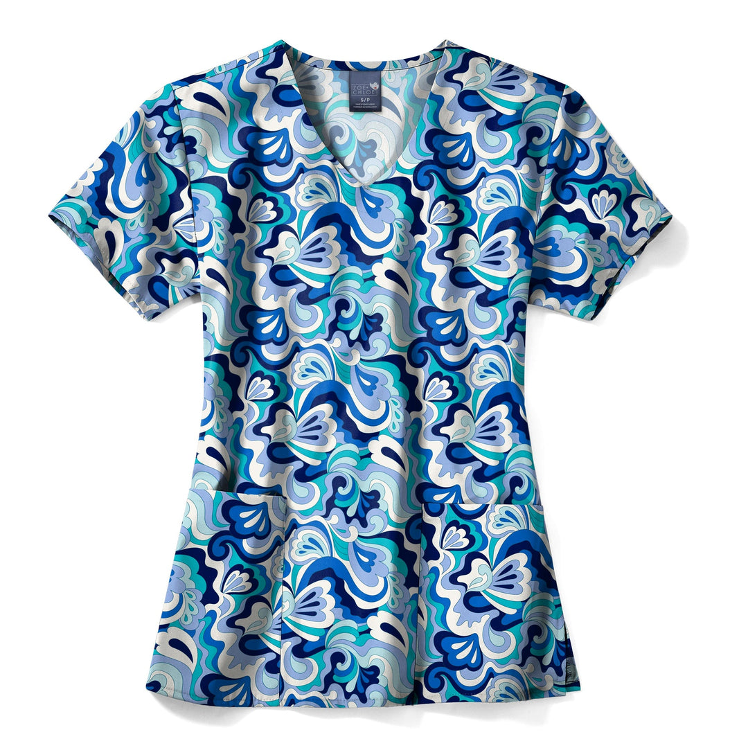 Womens Zoe+Chloe Wavy Paisley V-Neck Print Scrub Top - 3XL