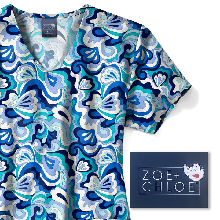 Womens Zoe+Chloe Wavy Paisley V-Neck Print Scrub Top - 3XL