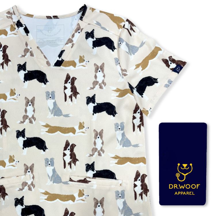 Womens Printed Scrub Top - Border Collies