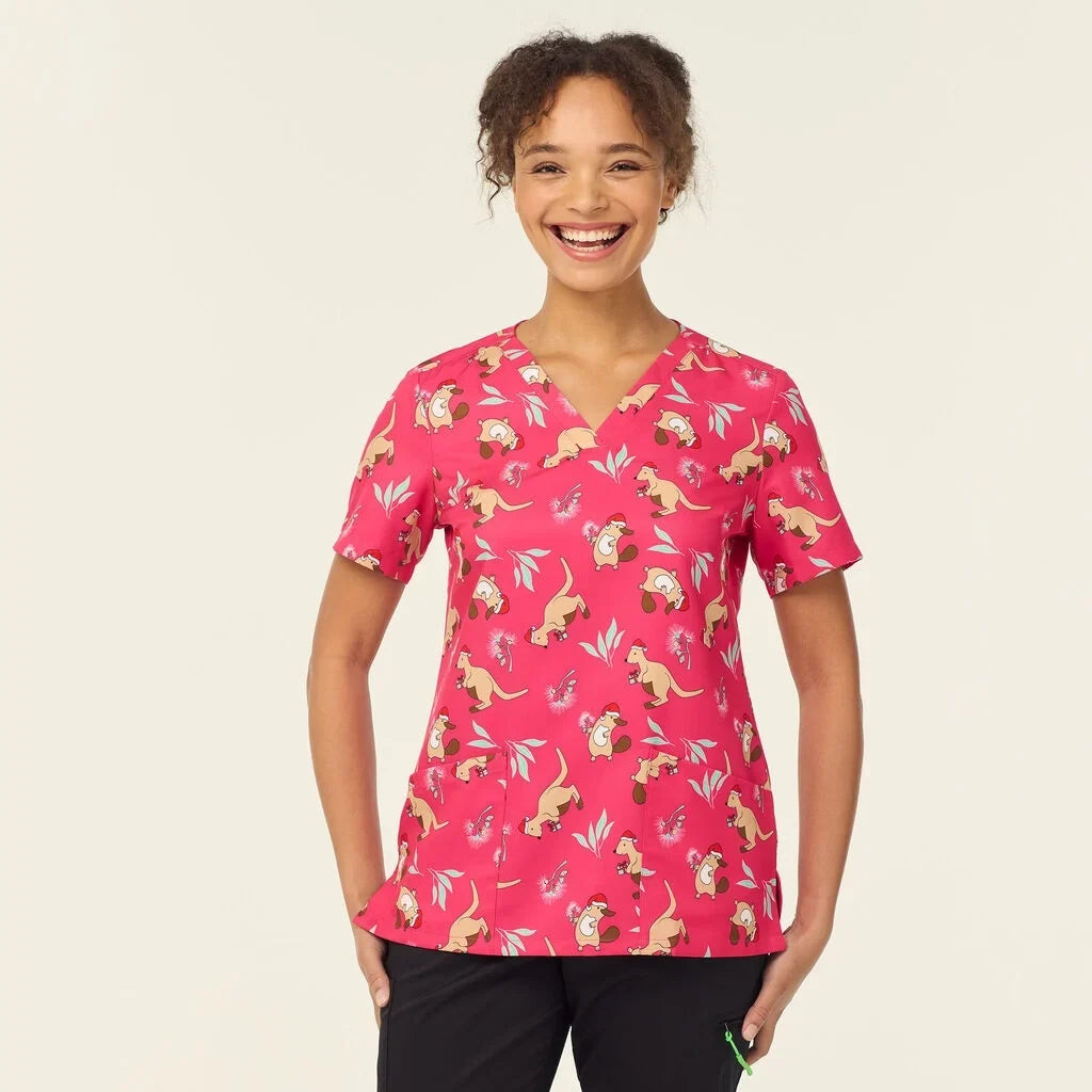 CATL1K - Womens NNT Native Xmas Print Scrub Top