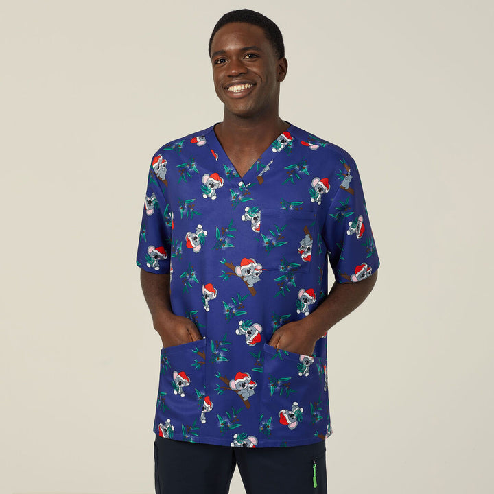 Unisex Printed Scrub Top - Santa Koala
