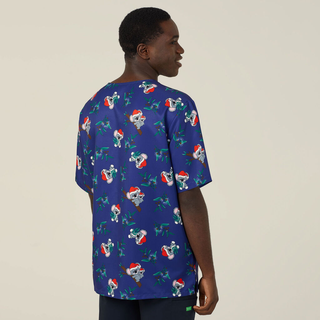 Unisex Printed Scrub Top - Santa Koala