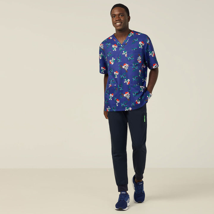 Unisex Printed Scrub Top - Santa Koala