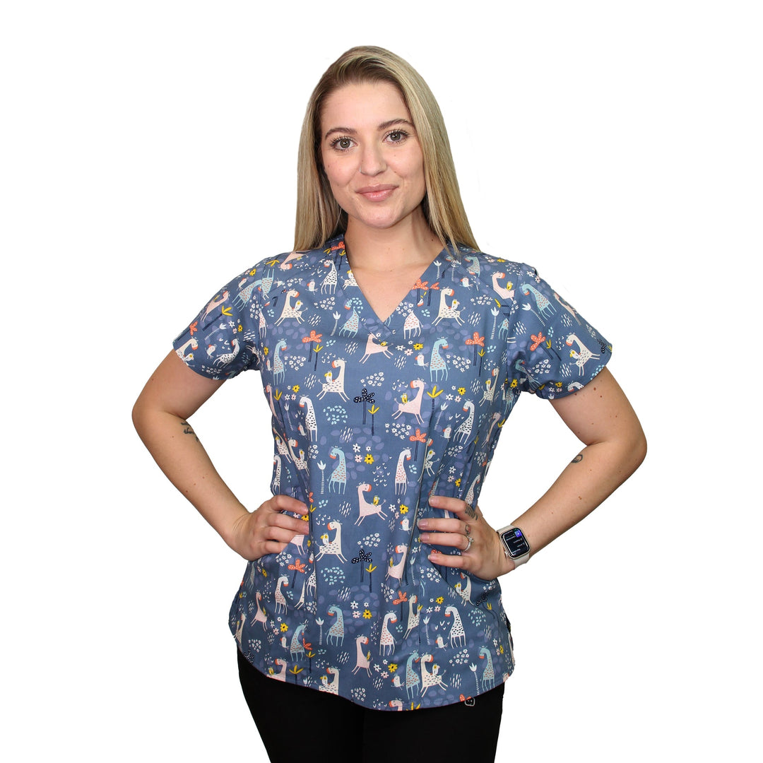 Womens Printed Scrub Top - Giraffe Love
