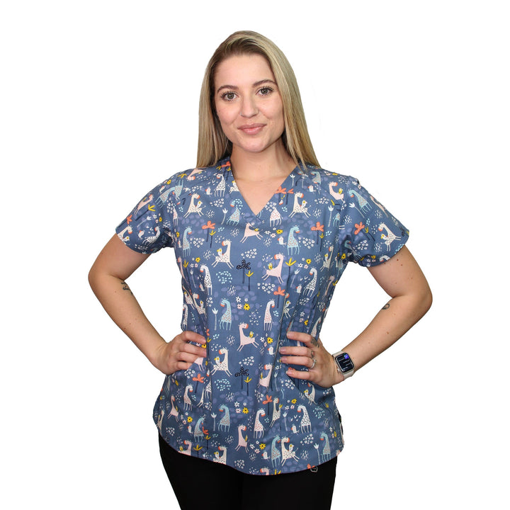 Womens Printed Scrub Top - Giraffe Love