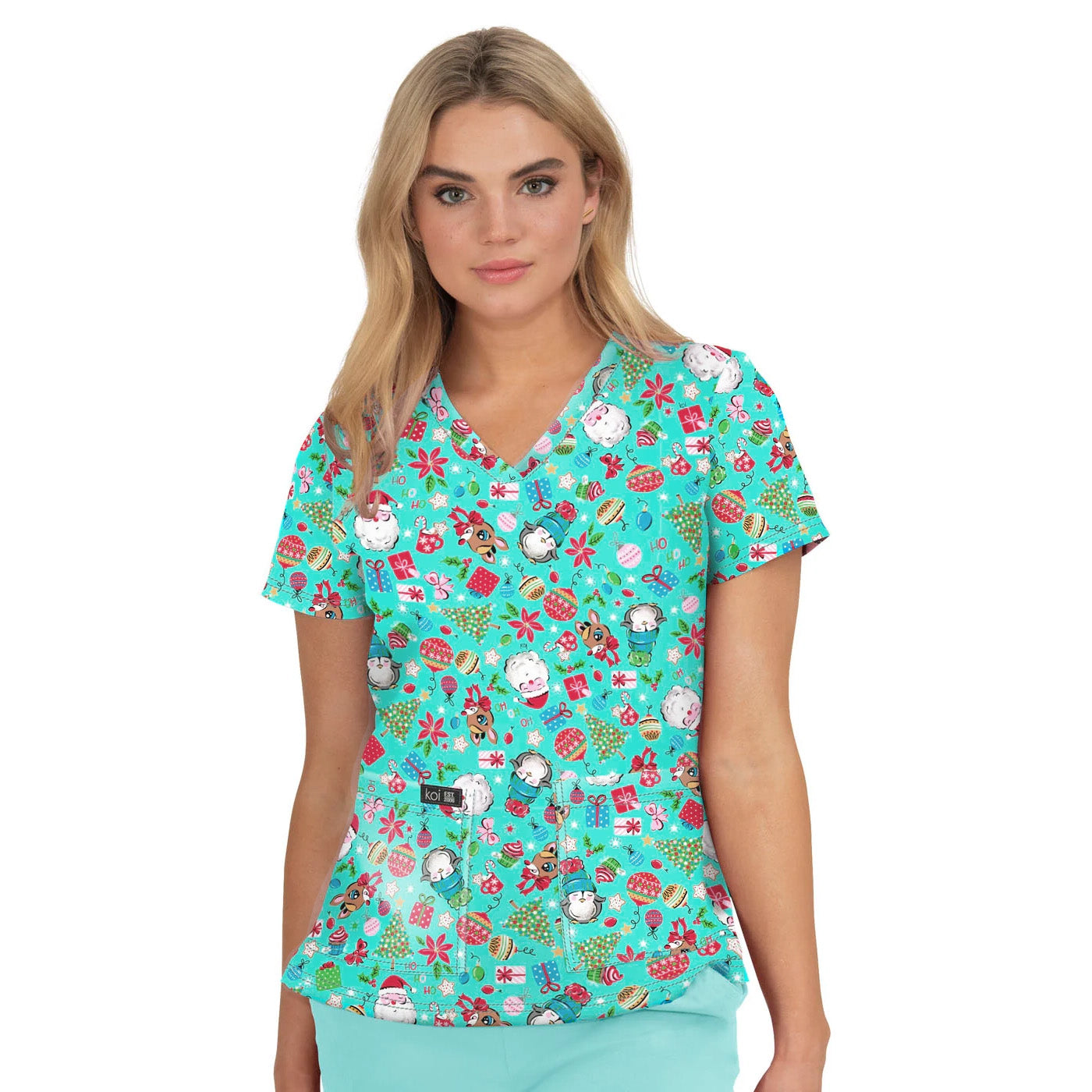 Womens Printed Scrub Top - Vintage Santa