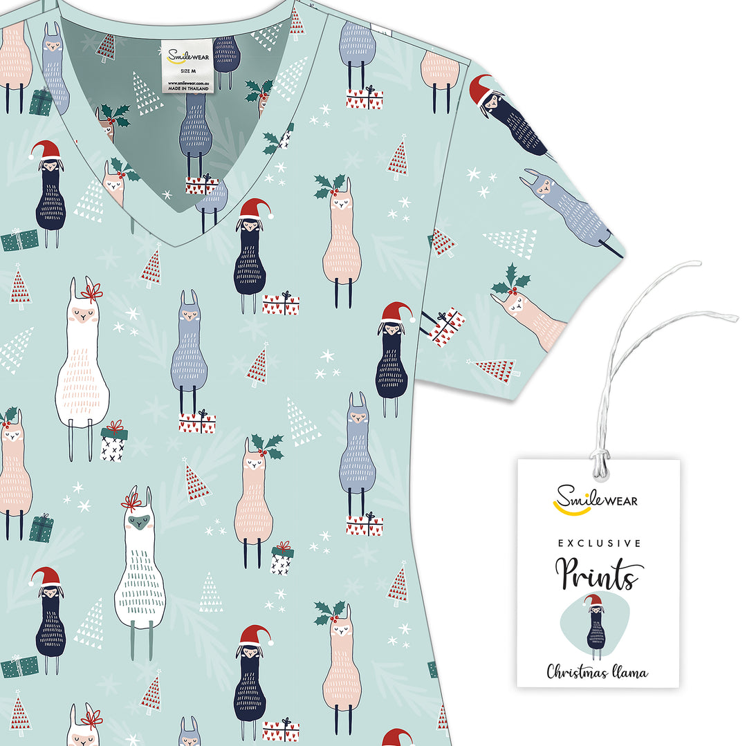 Smilewear Exclusive Printed Scrub Top - Christmas Llama