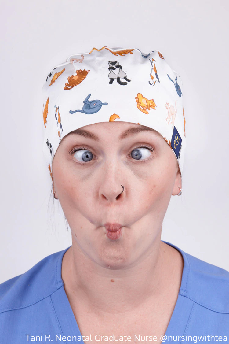 Dr Woof Printed Scrub Hat - Lazy Cat (Extra Large)